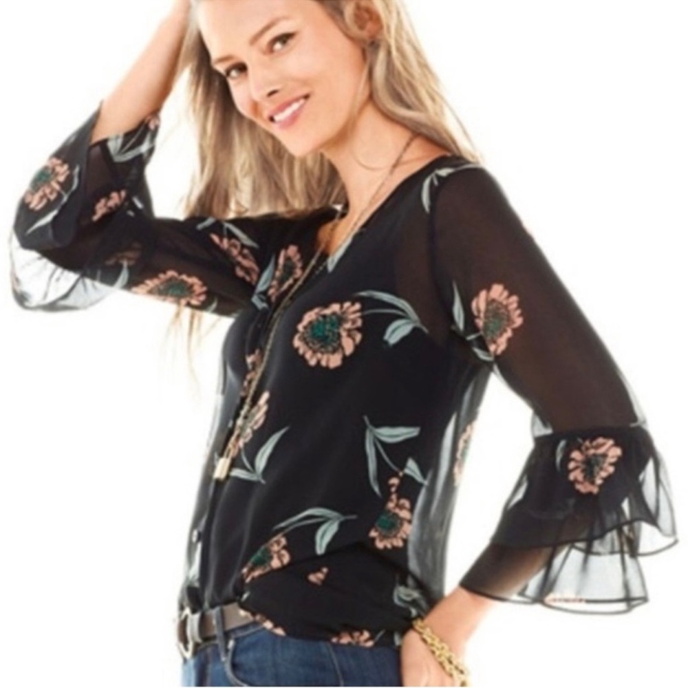 Cabi 5206 La Di Da Sheer‎ Blouse M Medium Button Down Floral Flower Black